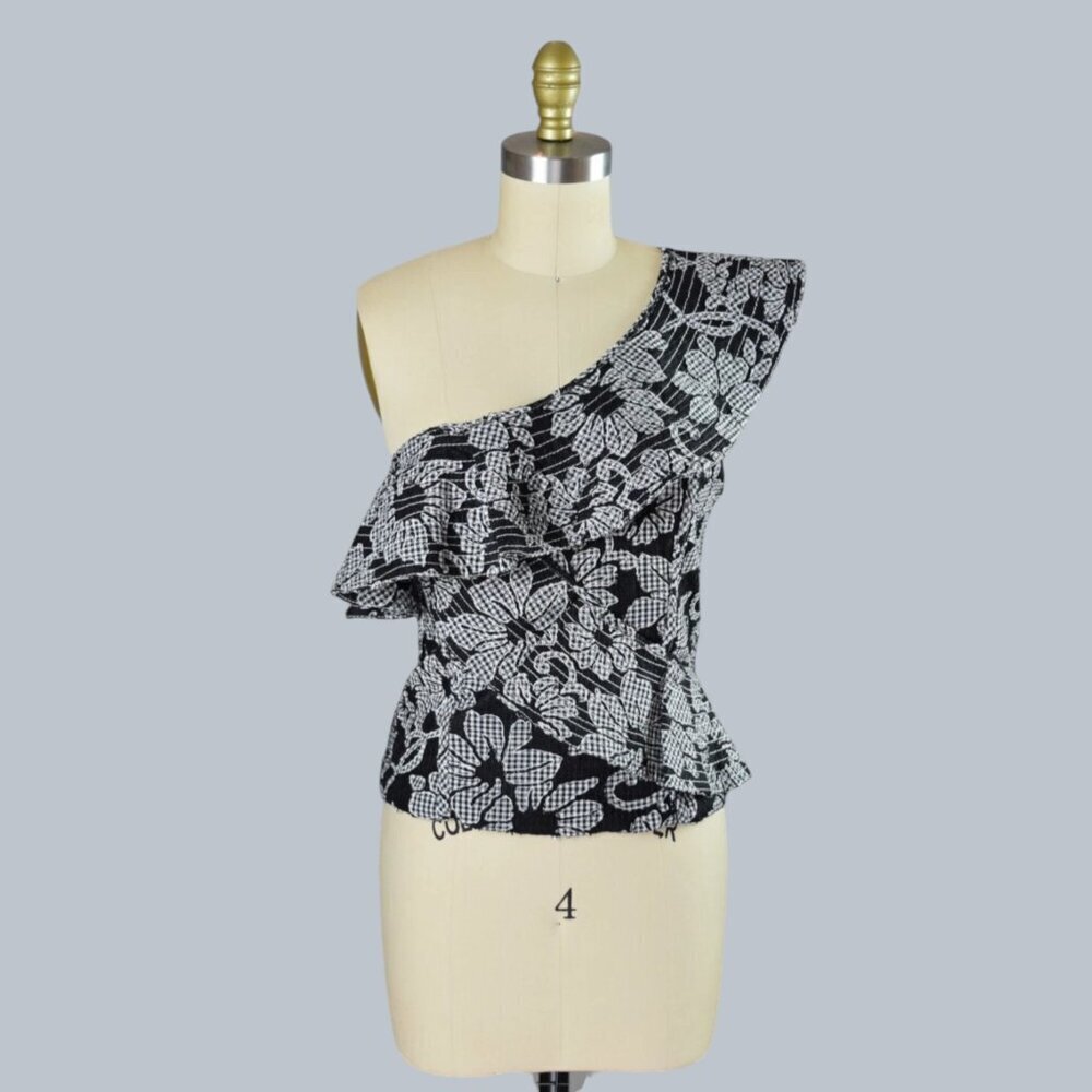 ZARA WOMAN FLORAL PRINT BLACK ONE SHOULDER RUFFLE TOP